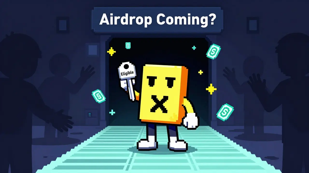 A Racer X NFT character holds a key as tokens fall, while shadowy figures reach toward an empty airdrop portal.