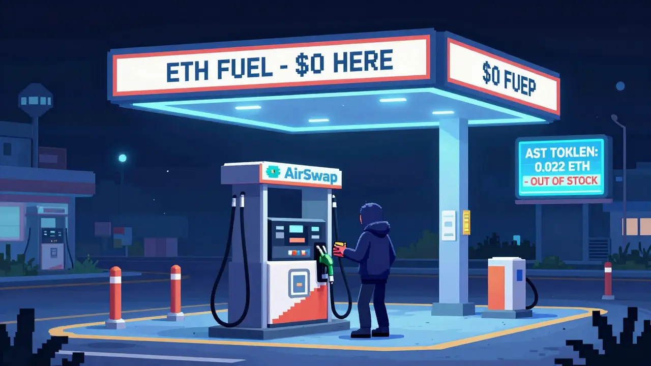 A retro-futuristic gas station with 'ETH FUEL - <h2>Should You Use AirSwap in 2025?</h2> HERE' sign, symbolizing AirSwap's zero fees and abandoned token value.