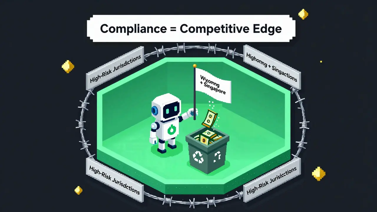 A robot placing a flag in a green sandbox while discarding compliance expenses.
