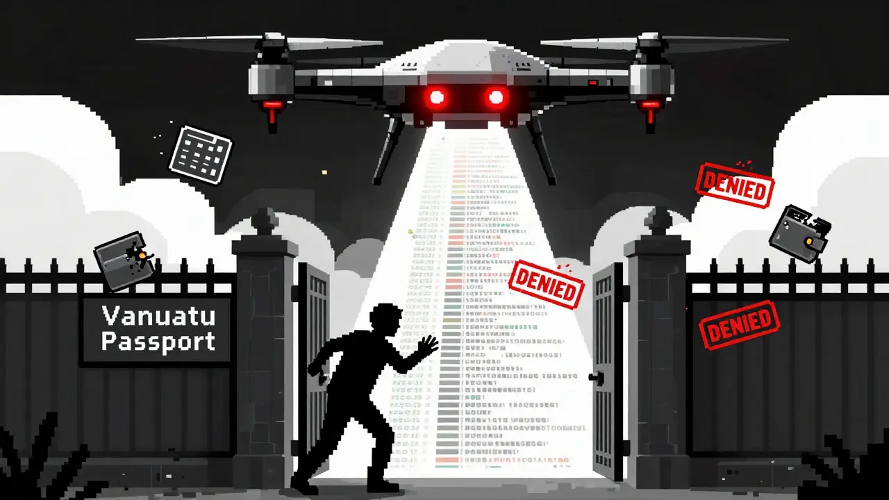 A shadowy figure attempting to enter Vanuatu's gate while an IRS drone scans their blockchain history.