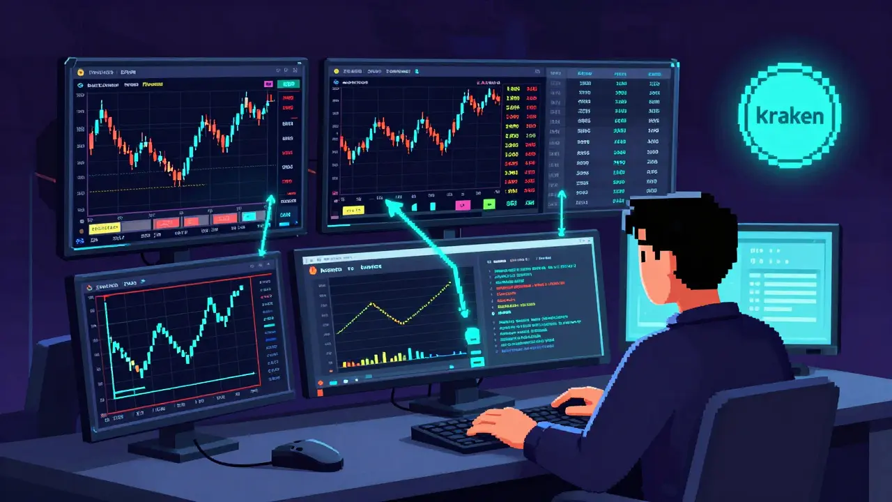 Advanced trader monitoring detailed charts and automated tools on multiple screens.