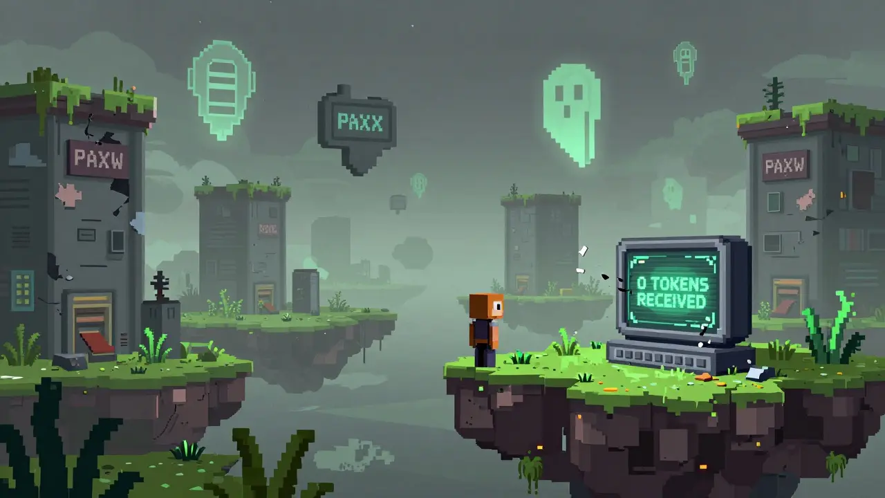 An abandoned pixel metaverse with empty land plots and ghostly unclaimed NFTs floating in the sky.