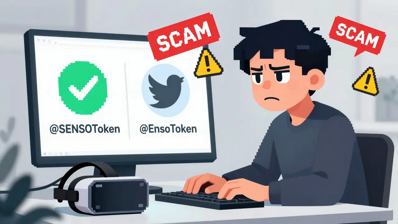 Confused user comparing two similar Twitter accounts, one real SENSO and one fake Enso, with scam warnings and unused VR headset.
