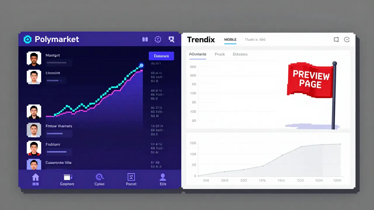 Contrast between active Polymarket and a dead Trendix dashboard with a 'PREVIEW PAGE' warning flag.