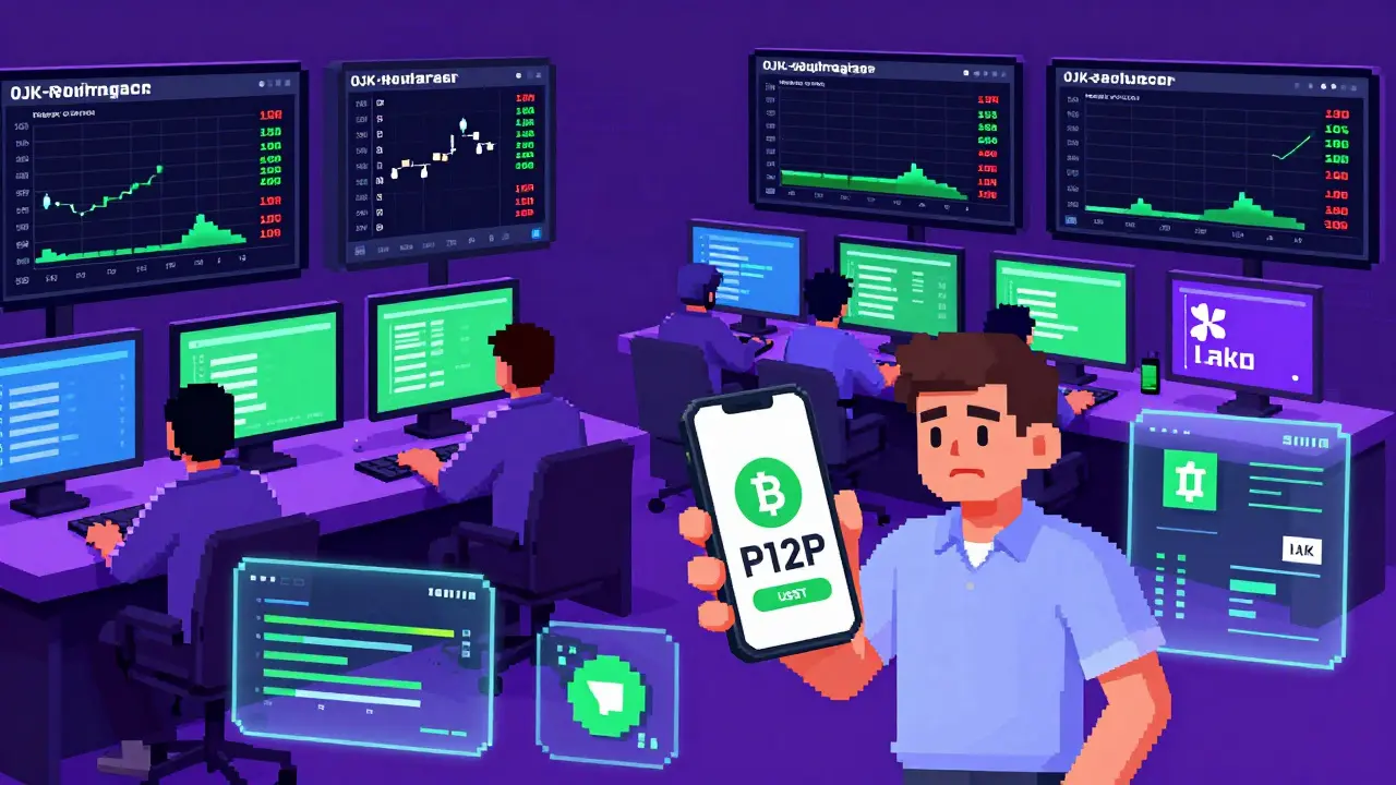 Crypto trading floor with OJK screens and P2P conversion on mobile