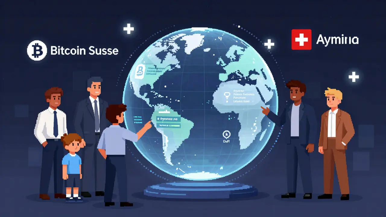 Diverse clients interacting with a digital globe showing tokenized assets in pixel art.