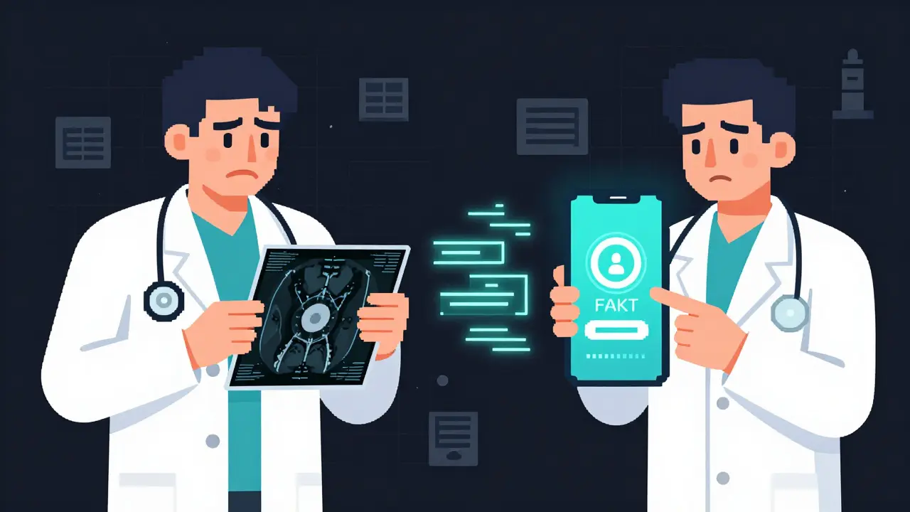 Doctor comparing physical medical CD with instant digital access via FAKT token system.