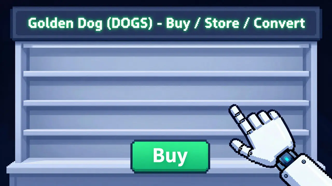 Empty online store with a blinking 'Buy DOGS' button and no products on shelves.