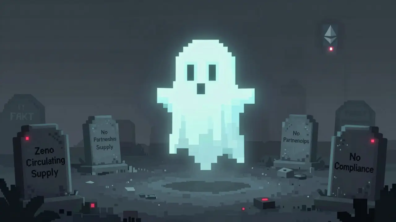 Fading FAKT token in a digital graveyard surrounded by abandoned crypto project tombstones.