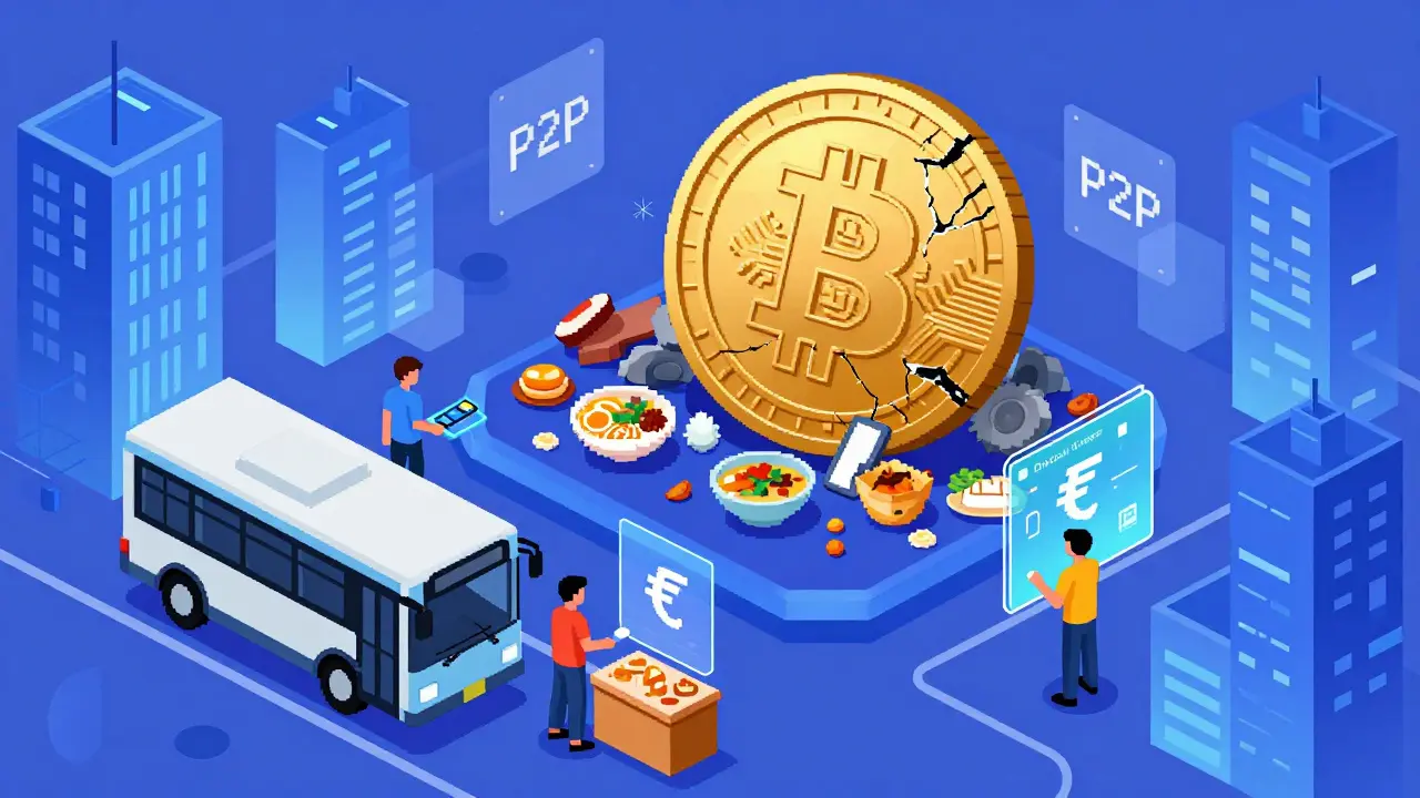 Futuristic Indian city using Digital Rupee for daily payments, discarded Bitcoin in background.