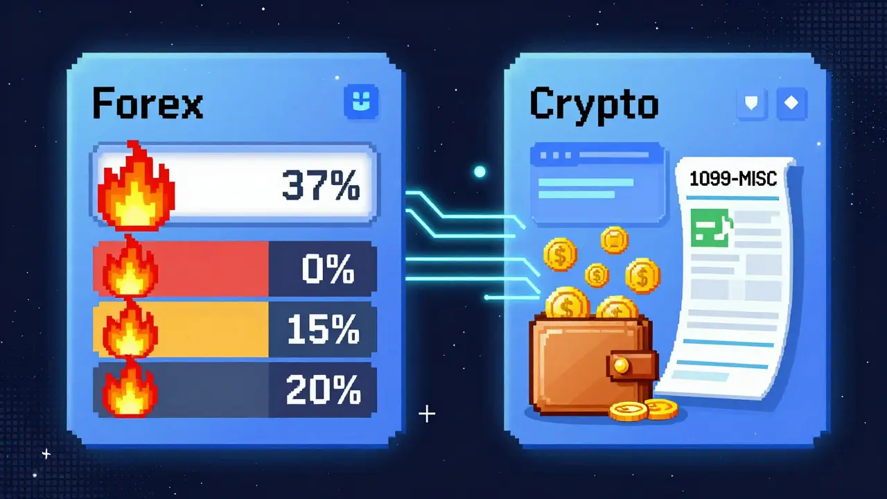 Futuristic tax calculator with forex and crypto inputs emitting different tax flame colors