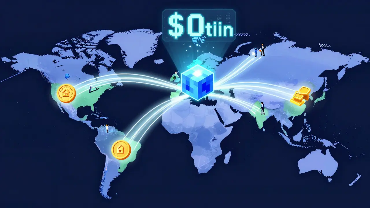 Global map with glowing tokenized asset flows converging into a central blockchain cube.