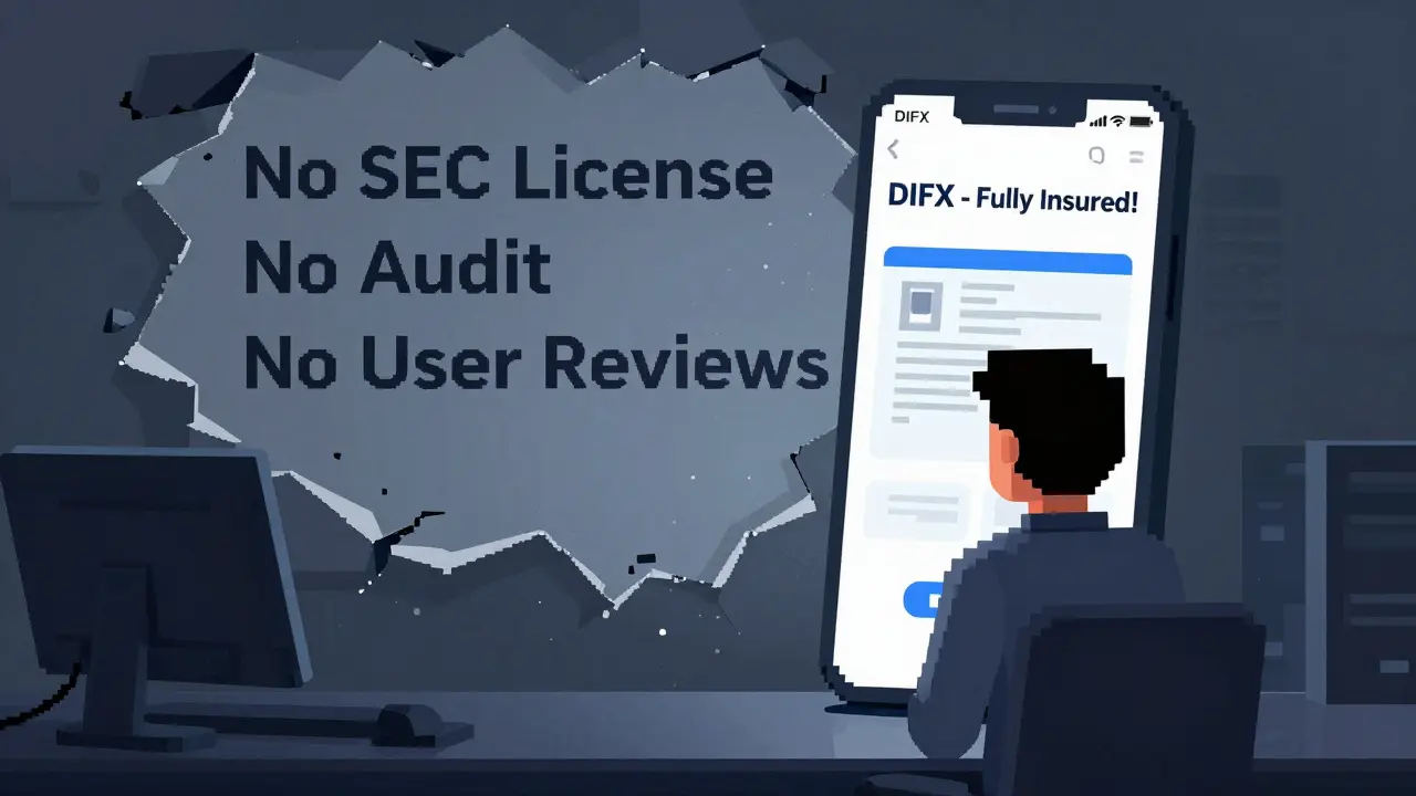 Investor viewing a fake insurance claim on phone, with hidden regulatory warnings crumbling behind.