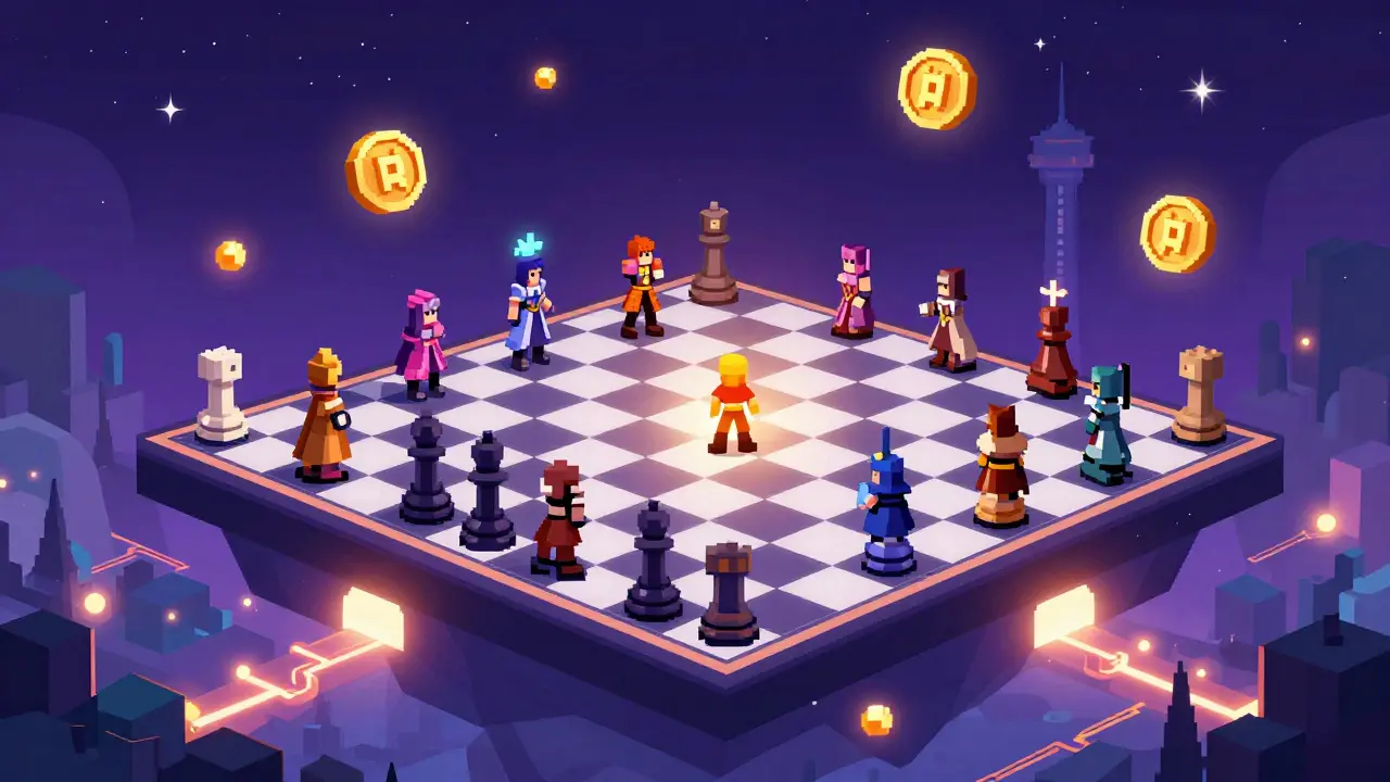 Isometric pixel-art battlefield with heroes fighting, KABY tokens orbiting, Bitget tower in distance.