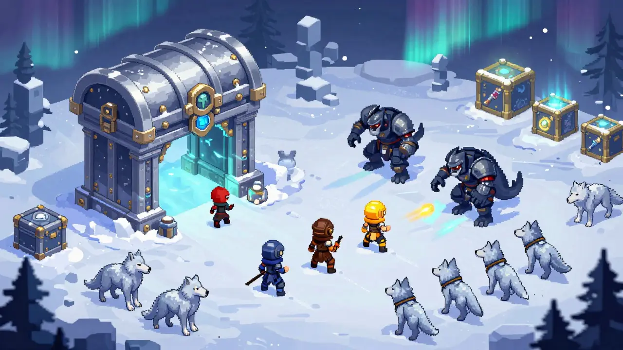 Isometric pixel-art view of Zukiverse Metaverse with players and a giant Silver Chest NFT gate in a snowy world.