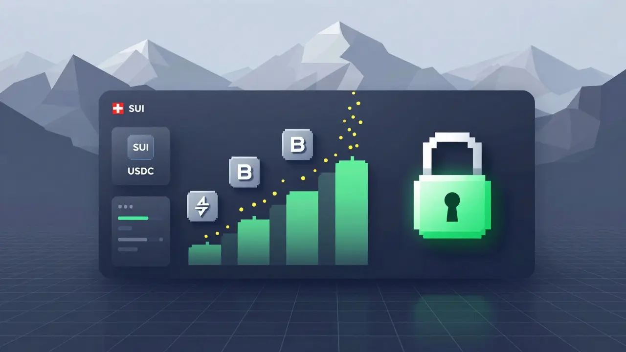 Minimalist Swiss crypto bank dashboard with staking rewards and mountain skyline in pixel style.