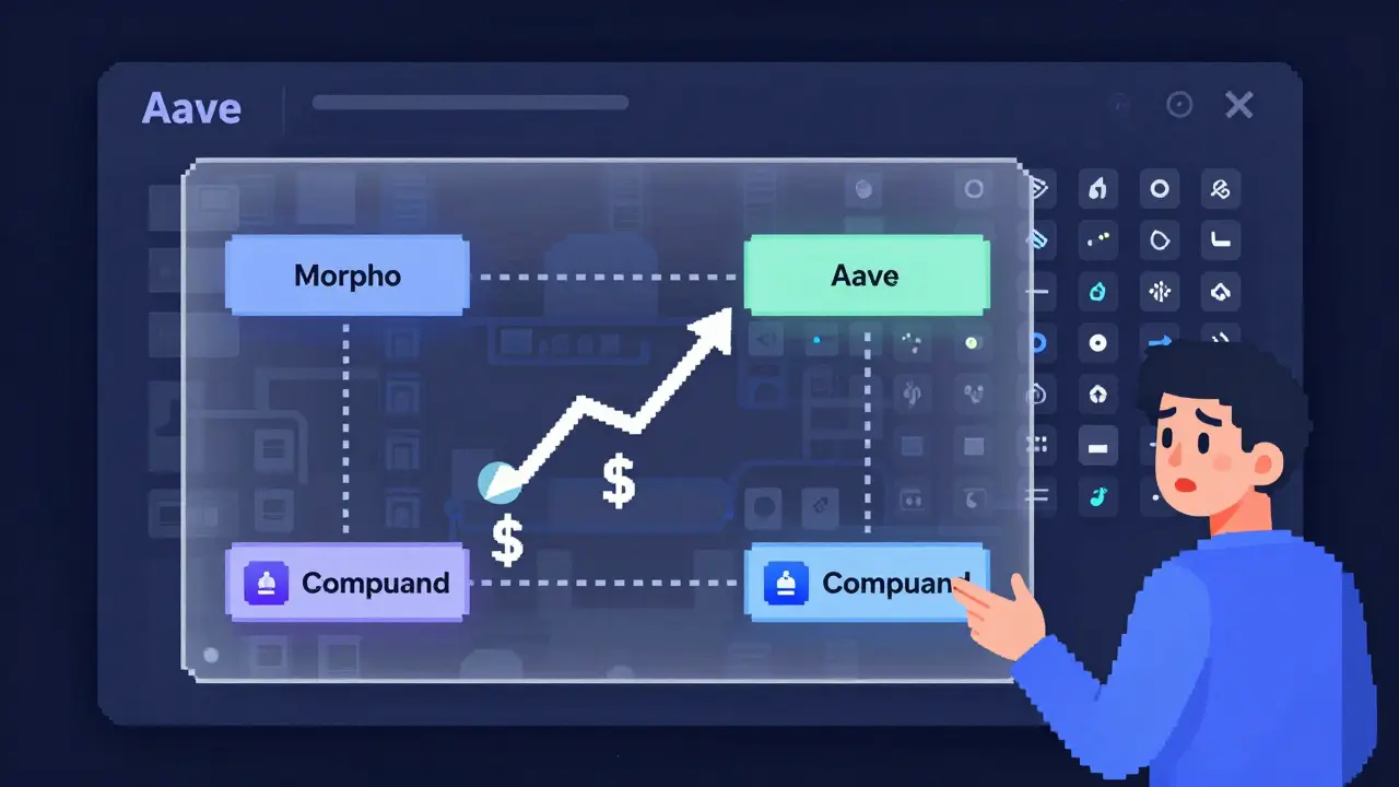 Morpho dashboard linking Aave and Compound with rising yield arrows