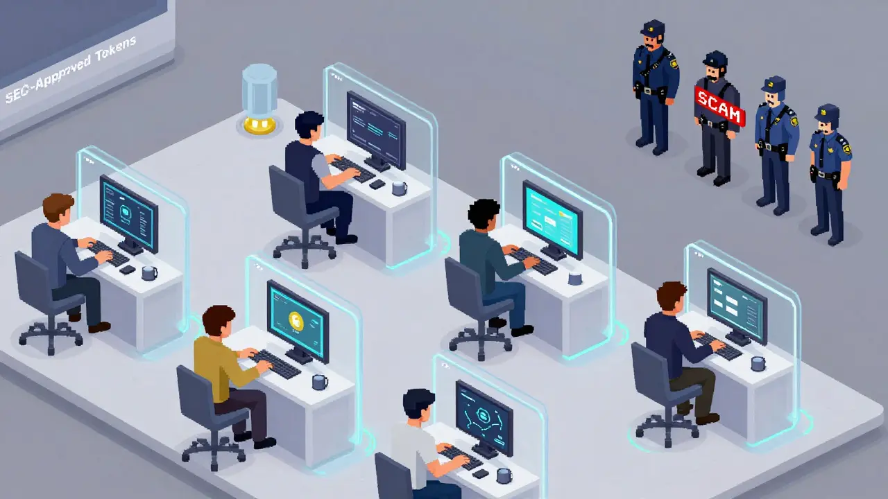 Orderly crypto exchange with approved tokens, fraudsters being escorted away.