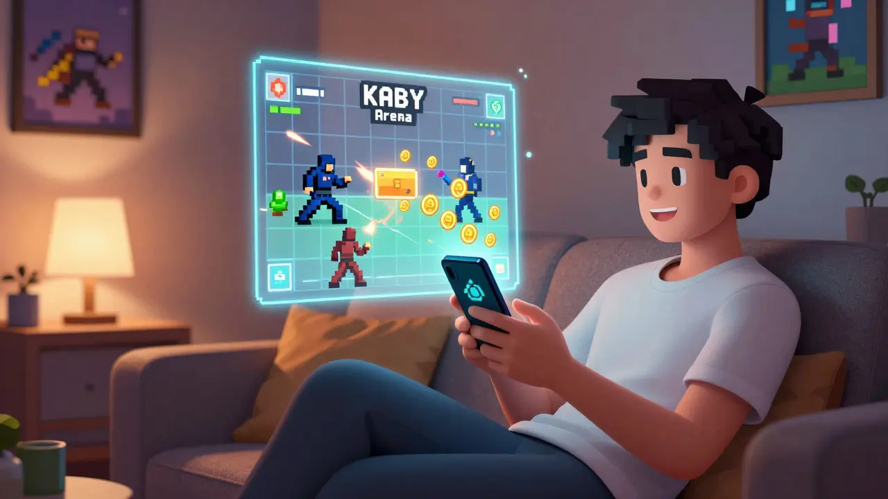 Person playing KABY Arena on phone at night, holographic battle grid and tokens glowing above.