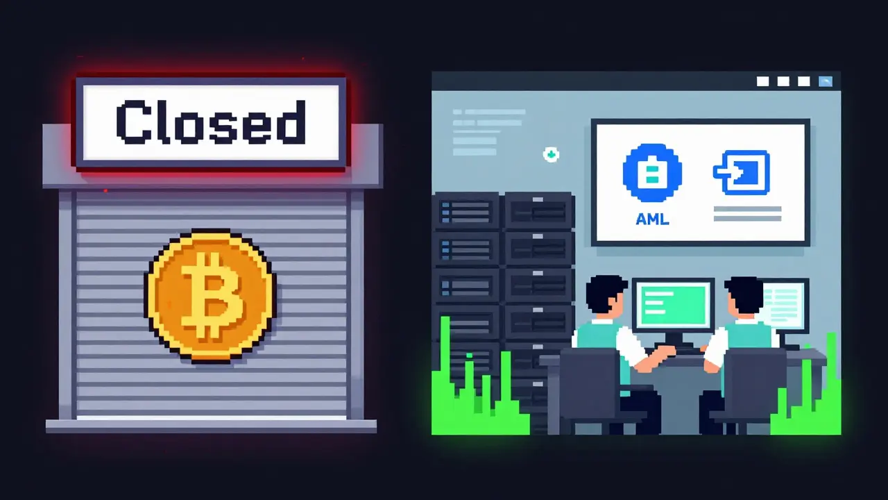 Pixel art comparing a closed crypto startup to a thriving licensed VASP with compliance systems.