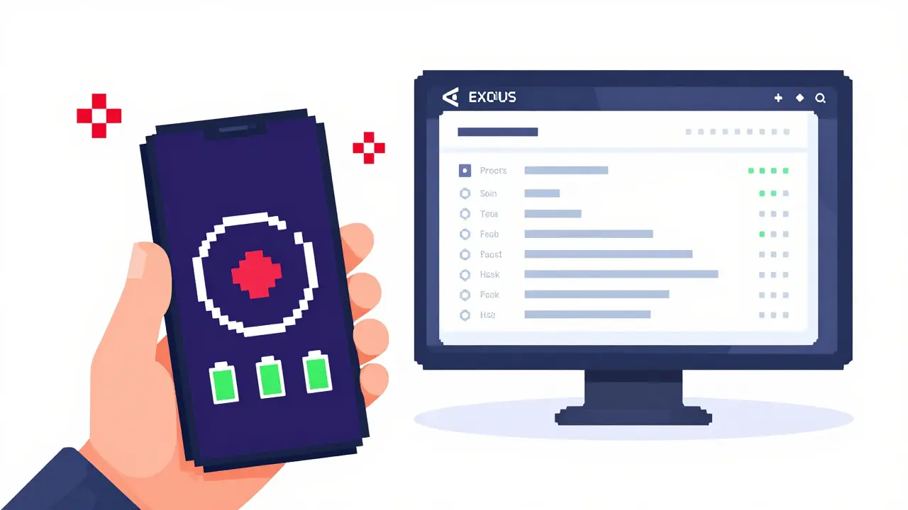 Pixel art comparing a failed mobile swap with a stable desktop wallet showing staking rewards.
