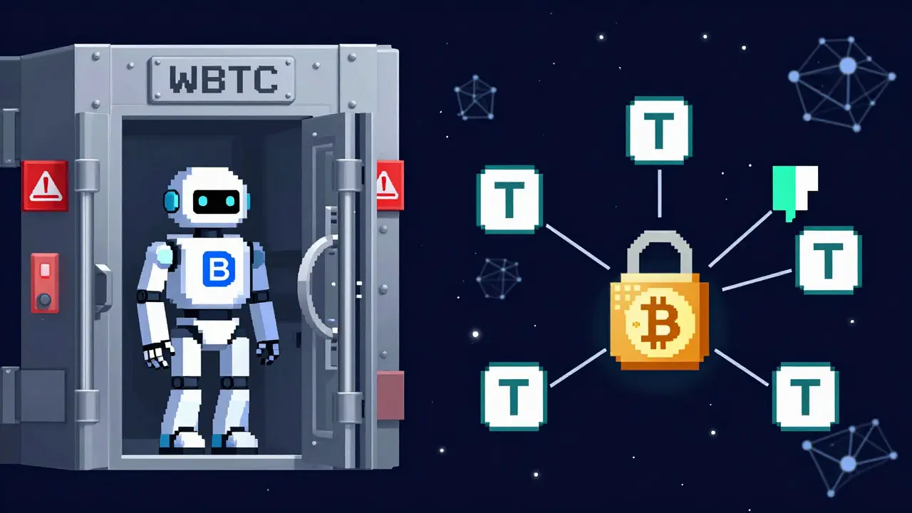 Pixel art contrasting centralized WBTC vault with decentralized tBTC signers preventing theft.