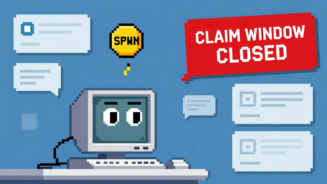 Pixel art of a player at a computer watching a single SPWN token drop with a closed claim banner.