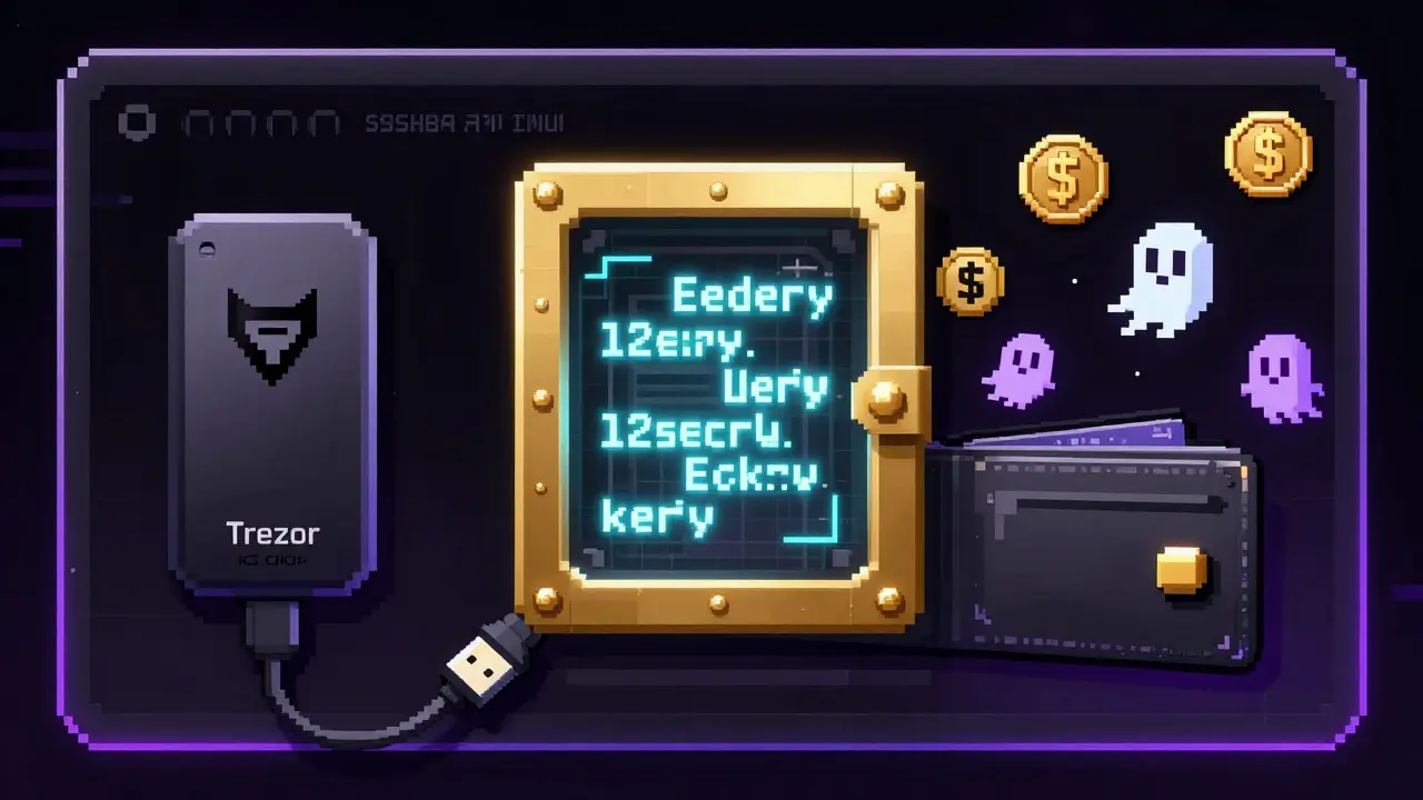 Pixel art of a Trezor connected to Exodus wallet, with private keys in a vault and scam tokens fading away.