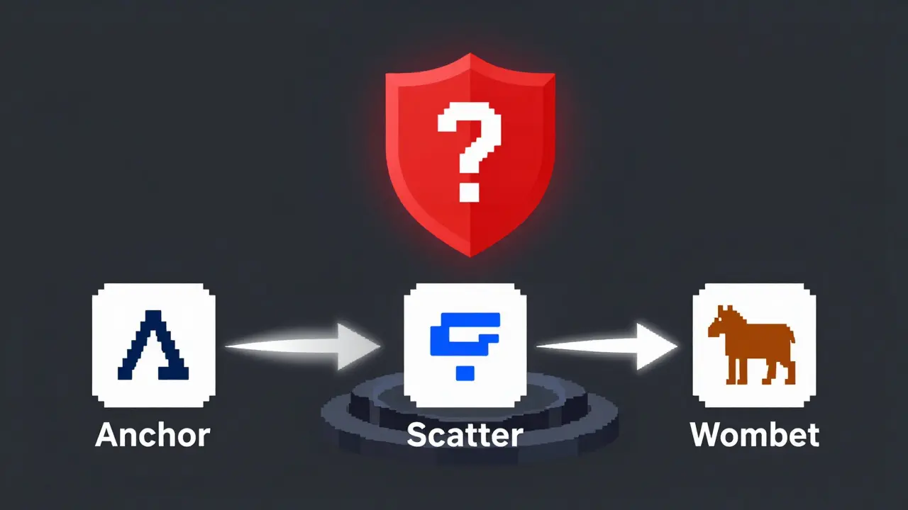 Pixel art wallet connections to a decentralized exchange with audit warning symbol