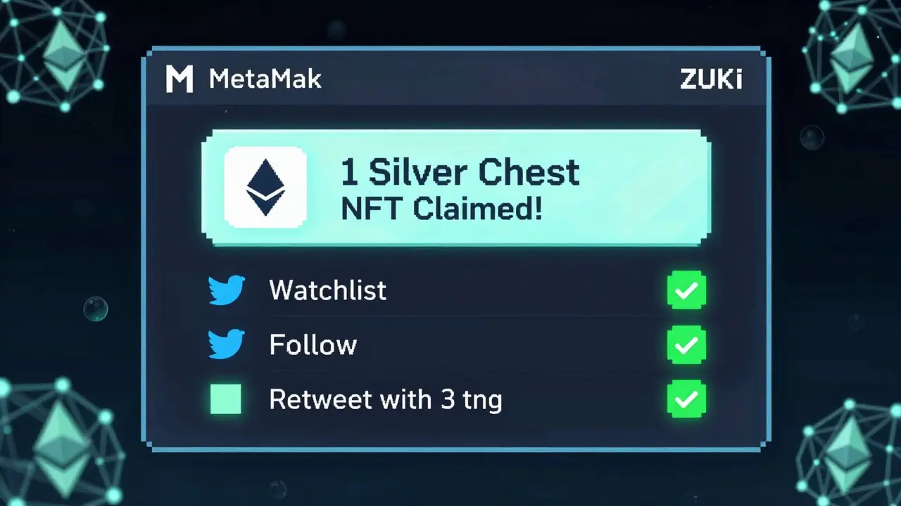 Pixel-art wallet screen showing confirmed Silver Chest NFT airdrop with completed social media tasks.