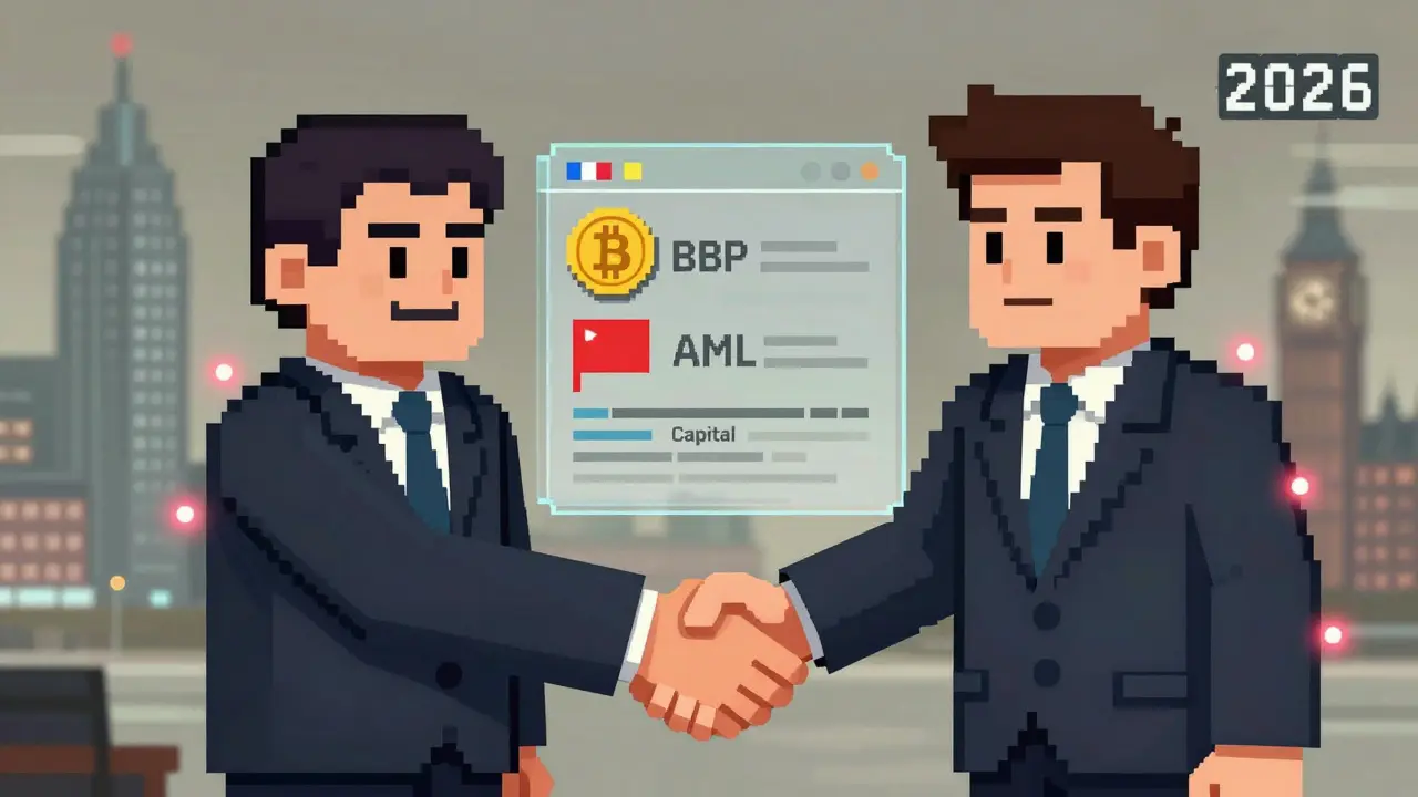 Pixel handshake between regulator and entrepreneur over a digital ledger showing stablecoins and AML compliance.