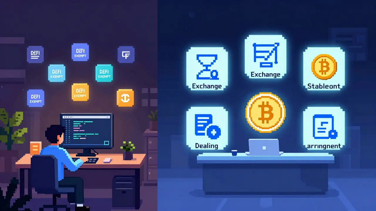 Split pixel scene: decentralized DeFi coder on one side, regulated crypto firm on the other, with FCA approval icons.