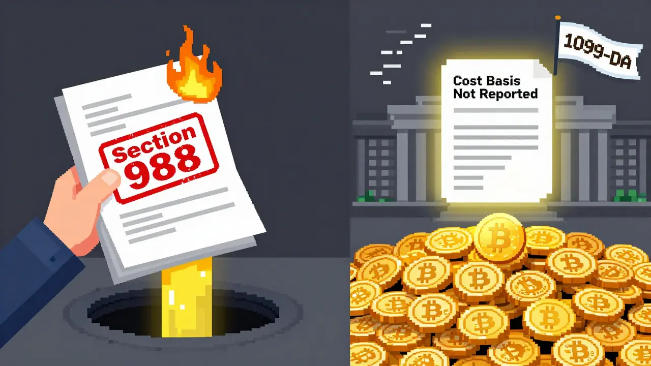 Split pixel scene: forex losses flowing freely vs crypto gains buried under tracking icons