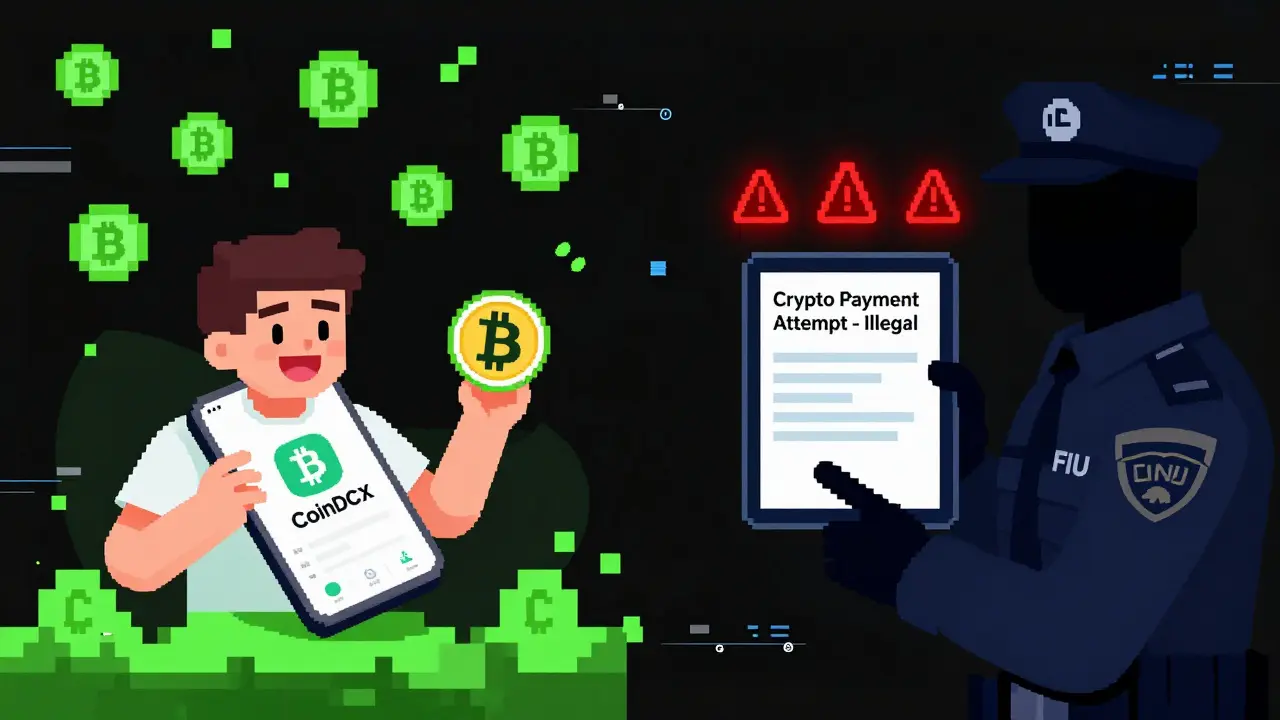 Split scene: buying Bitcoin legally on left, blocked by FIU officer on right with warning symbols.