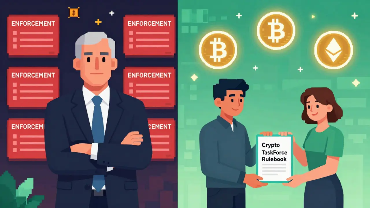 Split scene: strict enforcement vs. new rulebook handed to crypto developers.