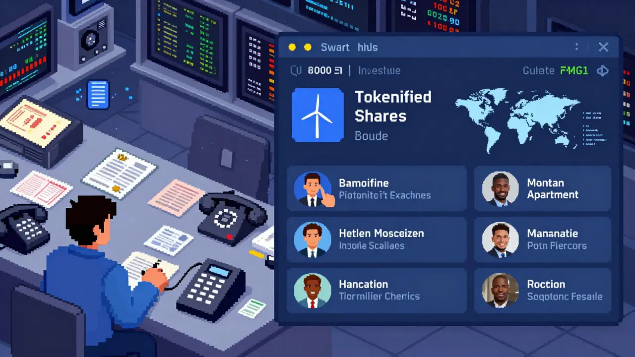 Split-screen pixel art: old stock trading floor vs. modern digital token investment interface.
