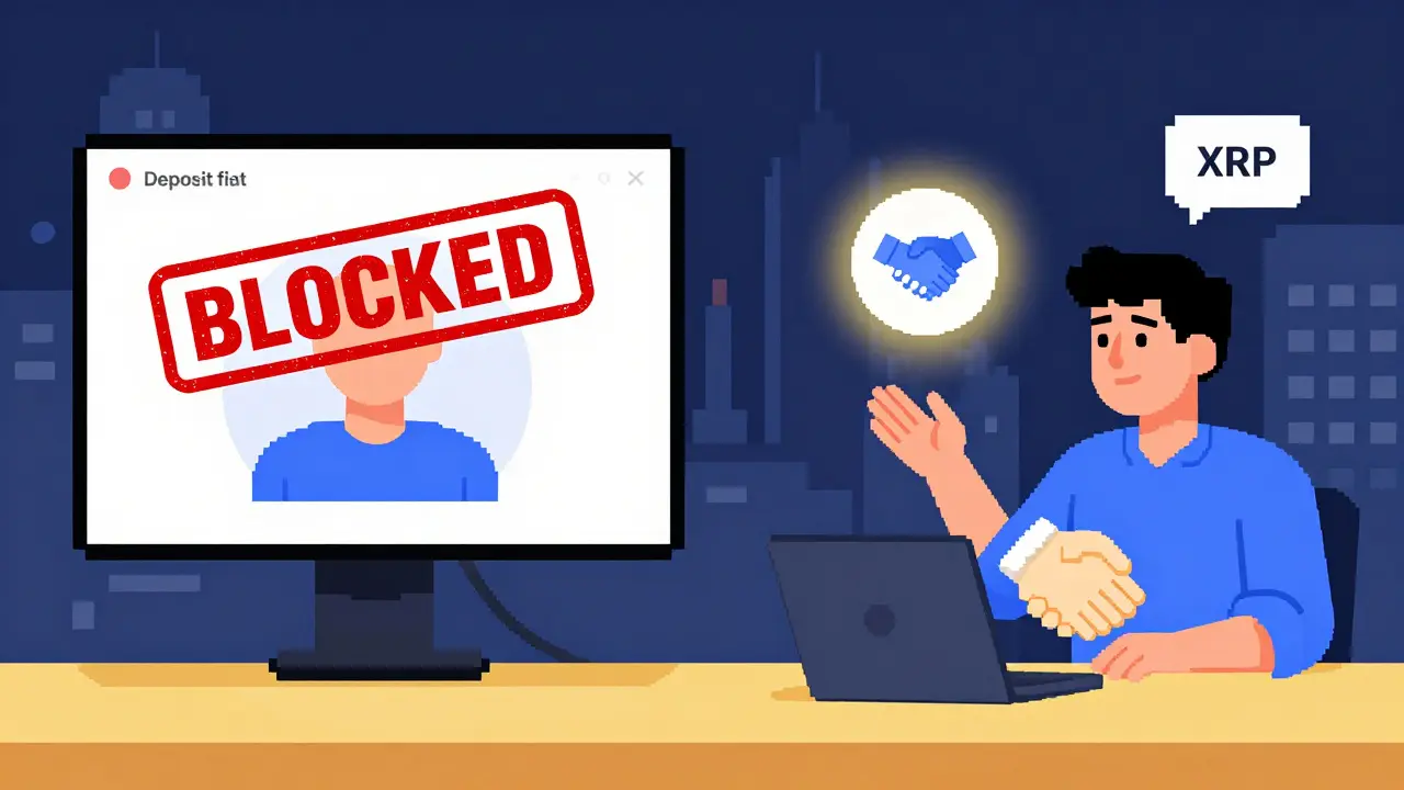 Split-screen pixel art: UK user blocked from depositing, Latin American user sending fee-free XRP.