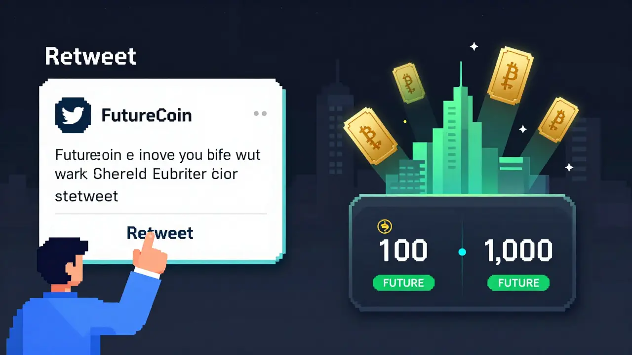 Split-screen pixel art: user retweeting FutureCoin tweet while wallet shows bonus tokens for holding.