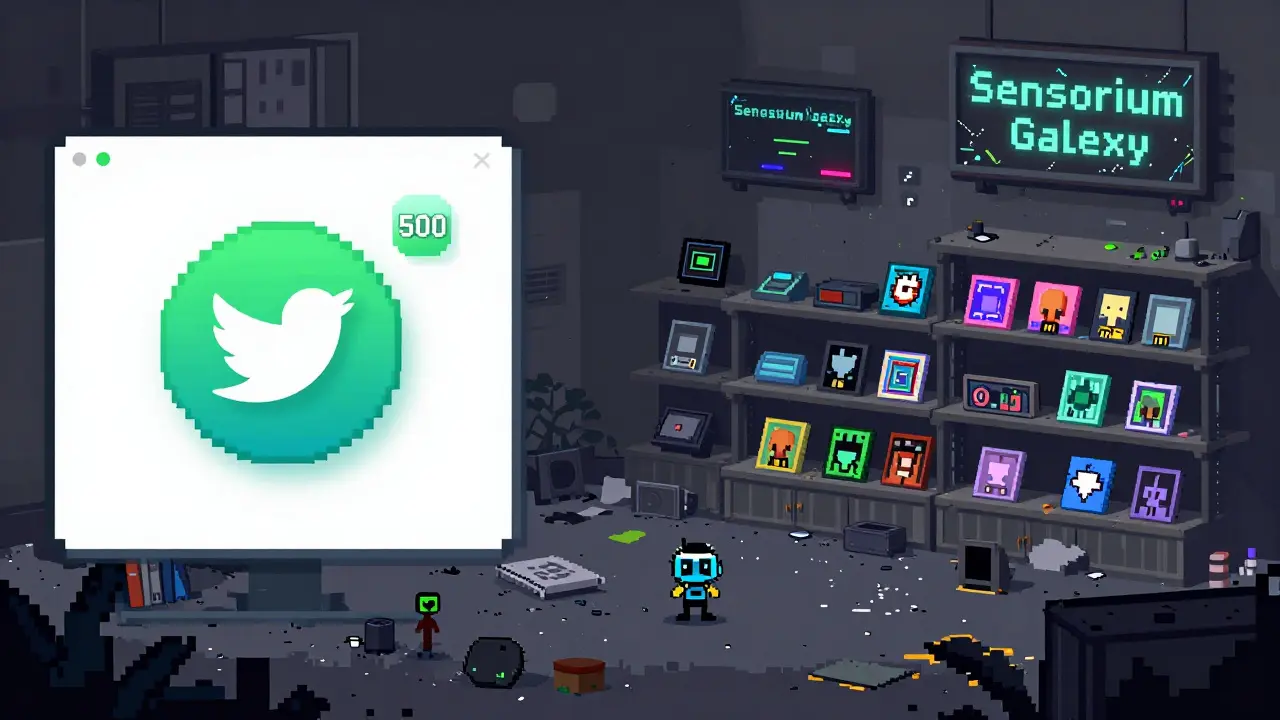 Split-screen: Twitter retweet screen on left, abandoned digital marketplace with dusty NFTs on right, both in pixel art style.