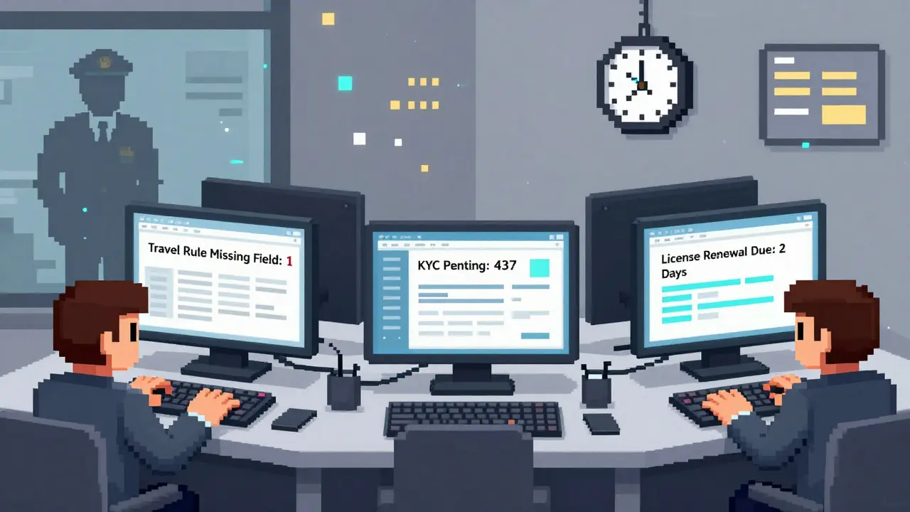 Three exhausted startup team members staring at glowing compliance error screens.