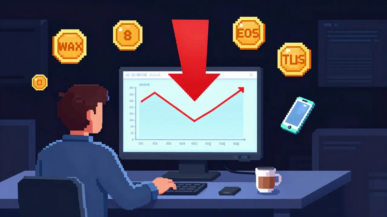 Trader at desk with floating tokens and slippage warning, mobile phone disconnected