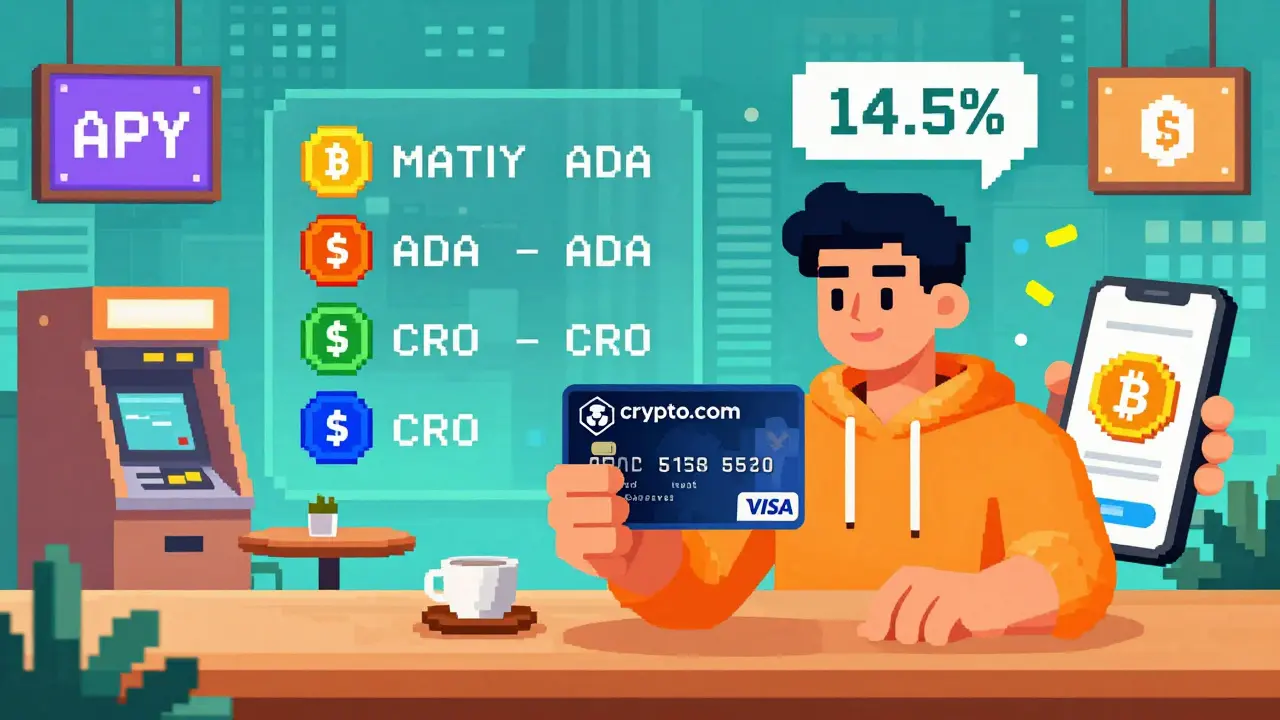 User spending crypto with a rewards card while staking yields appear as floating tokens.