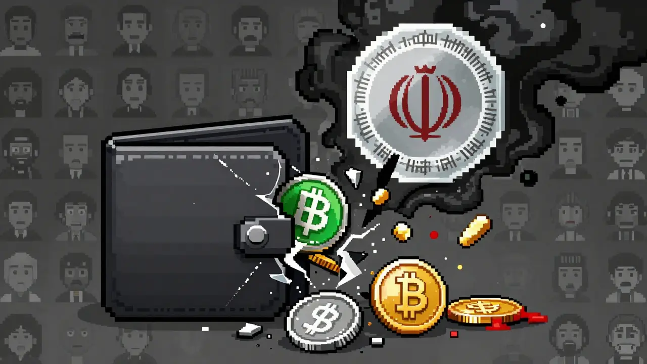 A digital wallet breaking apart into privacy coins and gold tokens under a crushing government seal in pixel art style.
