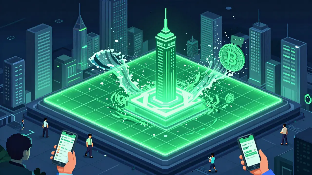 A glowing Digital Yuan network dominates a city while a Bitcoin logo fades away, under a government tower.