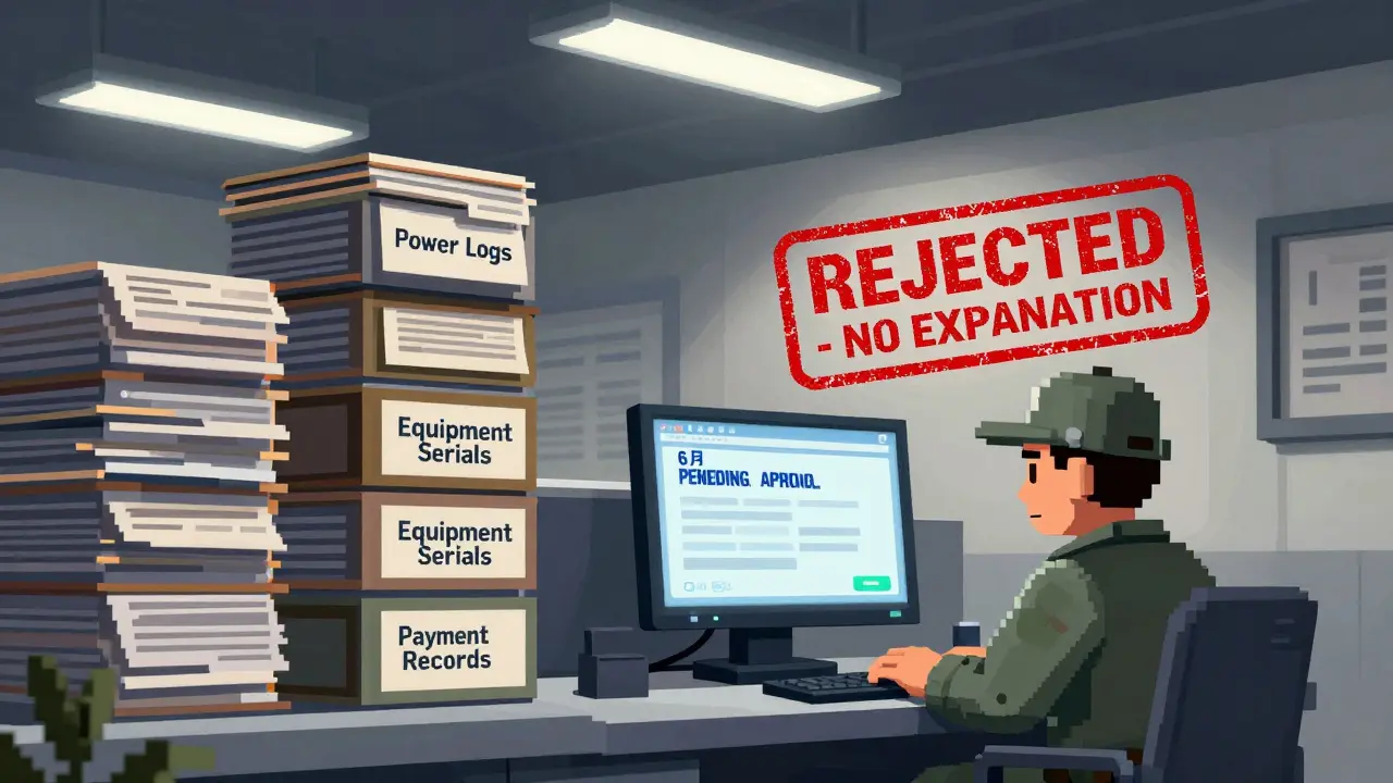 A miner stares at a flickering monitor showing a pending license approval, surrounded by towering stacks of paperwork in a bureaucratic office.