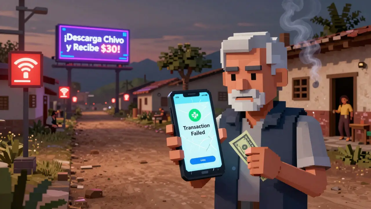 An elderly man struggling with a frozen Chivo app in a rural village, Wi-Fi signs flickering nearby.