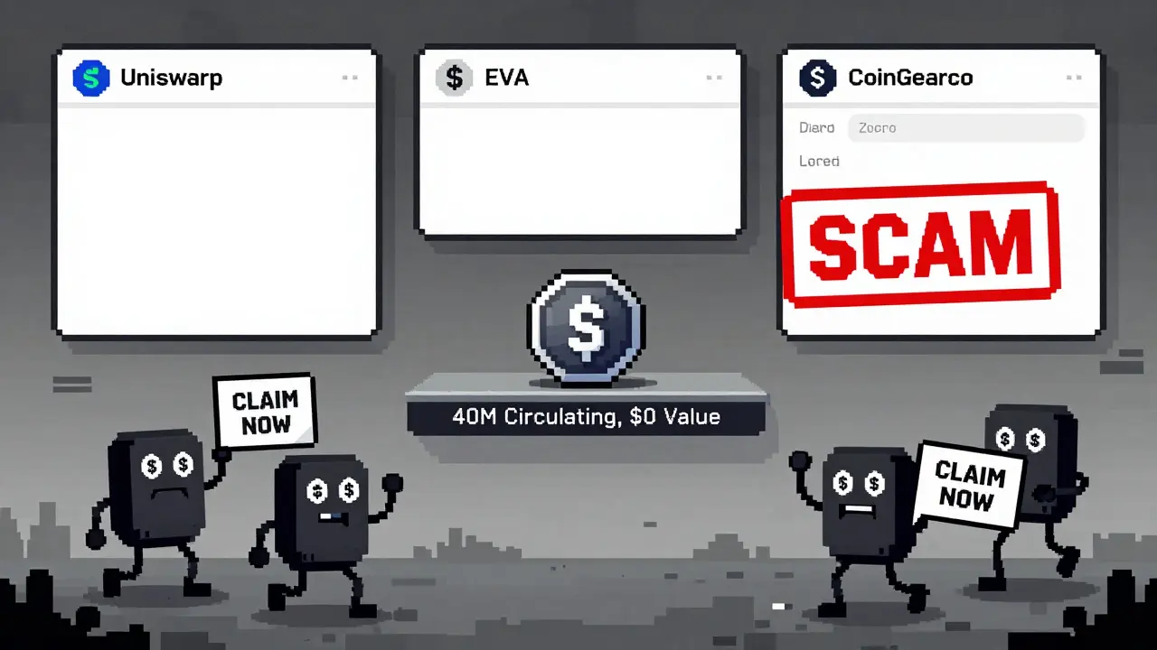 An empty crypto marketplace with a single EVA token sitting worthless as scam bots dance nearby.