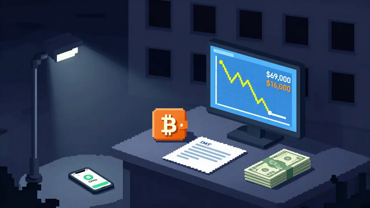 An empty government office with a crashing Bitcoin chart and a discarded Chivo phone under a lone lamp.