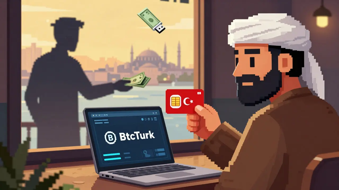 An Iranian trader in Istanbul exchanging cash for crypto through a café window in pixel art style.