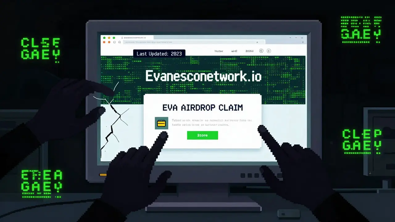 An outdated website on a cracked monitor, shadowy hands trying to connect a wallet to a fake airdrop.